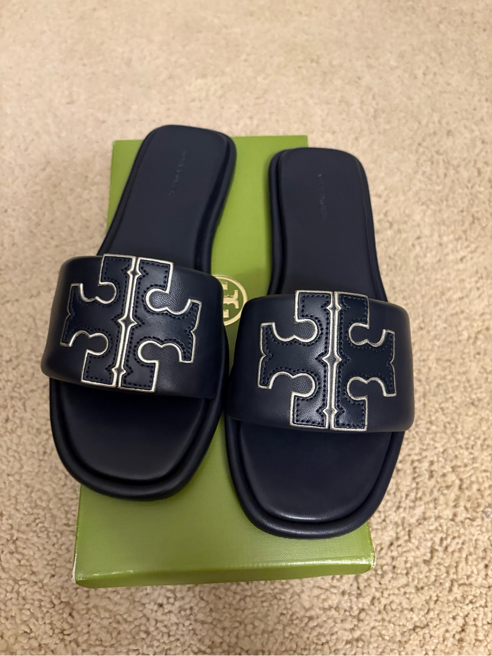 Navy Tory Burch Slide Sandals - Leather Upper